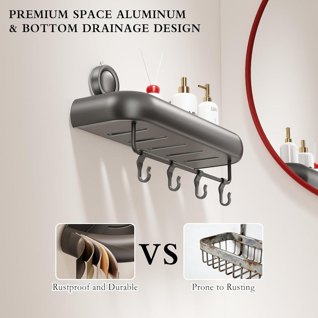 Shower Caddy Suction Cup, 2 Pack No Drilling Corner Shower Shelves, Rust Proof Bathroom Storage Organizer, Shower Corner Caddy with Removable Hooks and Towel Bar, Square, Grey