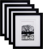 Egofine 8x10 Picture Frames Set of 4, Made of Solid Wood Covered by Plexiglass 4x6 and 5x7 with Mat or 8x10 without Mat, for Table Top Display and Wall Mounting Photo Frame Black
