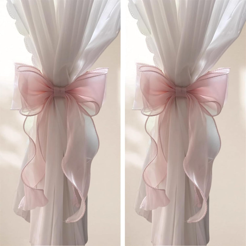 2 Pack French Silky Bow Curtain Tiebacks, Elegant Lace Ribbon for Curtains Decorative Rope Accessories Home Décor (Pink,2)