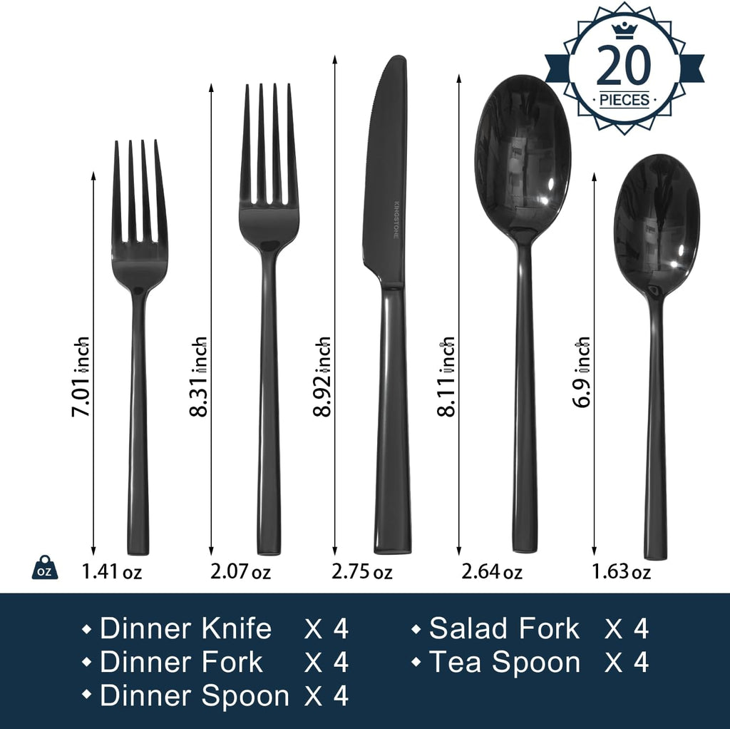 Black Silverware Set for 4, 20-Piece Stainless Steel Flatware Cutlery Set