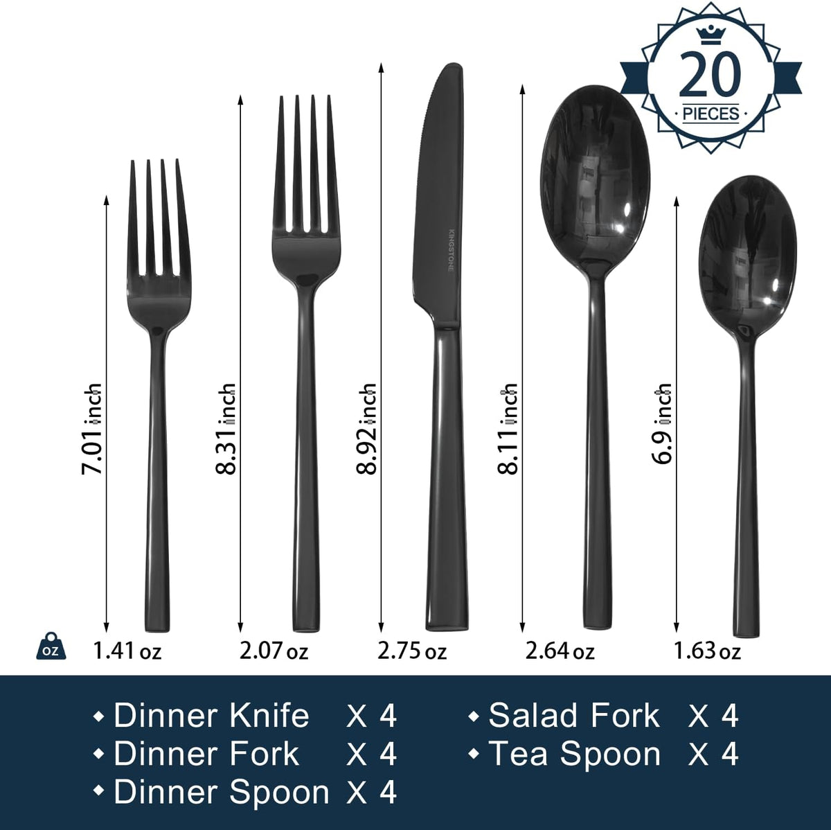 Black Silverware Set for 4, 20-Piece Stainless Steel Flatware Cutlery Set