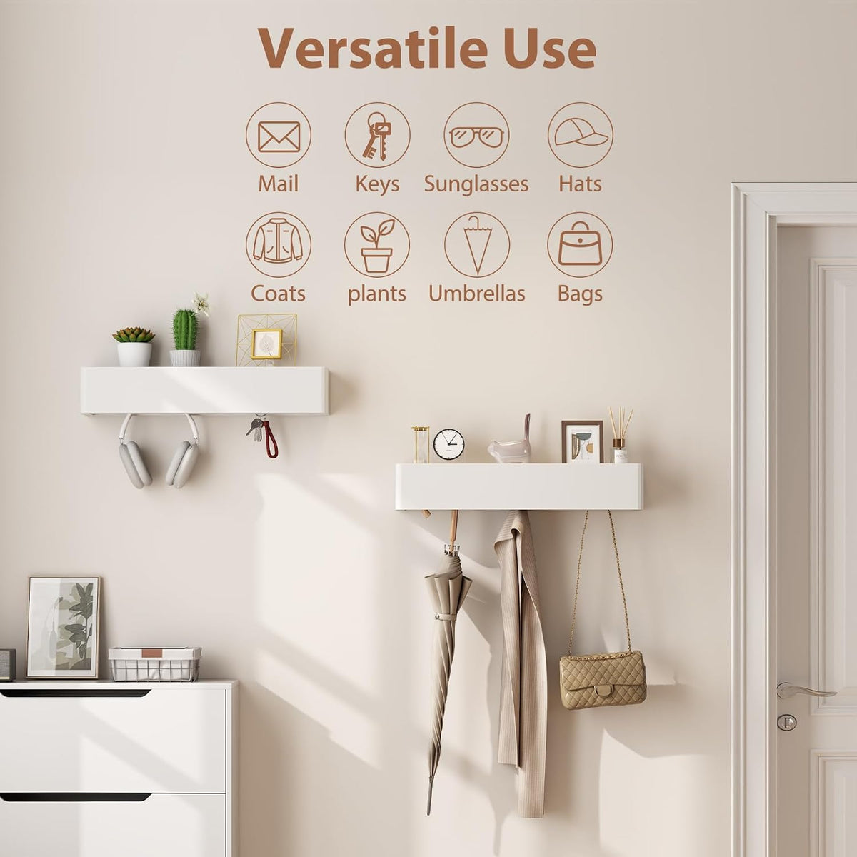 CycleCrew Solid Wood Wall Mounted Coat Rack with Shelf Hooks - Modern Floating Shelves with 5 Hidden Hooks, Heavy Duty Entryway Coat Key Holder Hanger for Hallway Bathroom Bedroom Home Decor