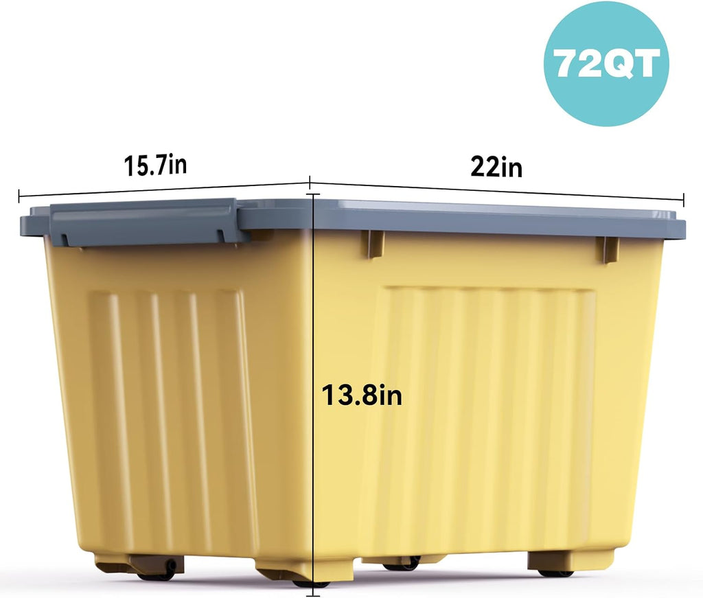 72 Quart Plastic Storage Bin On The Wheels, Stackable and Nestable Storage Boxes with Lids and Secure Latching Buckles, Large Storage Container (Yellow/Purple, 72Quart-6Pack)