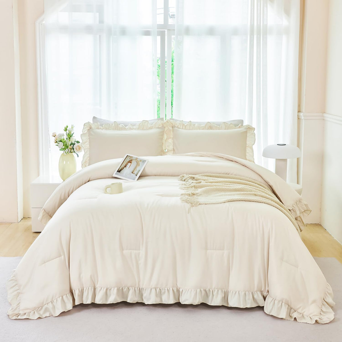 ANGIYUIN 5 Pieces Camel Twin Size Comforter Set for Kids Girls Ruffled Bedding Set Boho Farmhouse Bed Sets Shabby Fluffy Elegance Bed in A Bag with Sheets(Camel Twin)