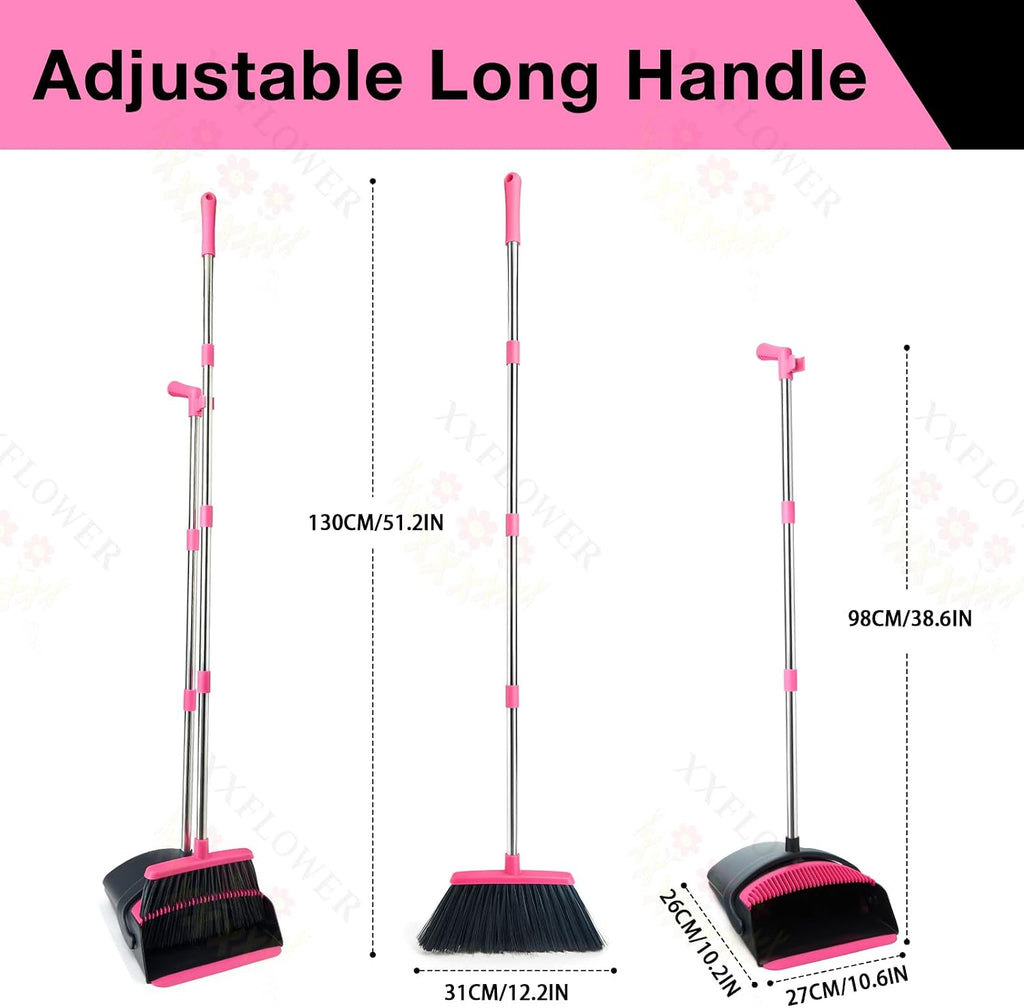 Broom and Dustpan Set,Long Handle Lightweight Dustpans with Broom Combo for Home,Indoor&Outdoor Sweeping for Home Room Kitchen Office Lobby (Black Pink)