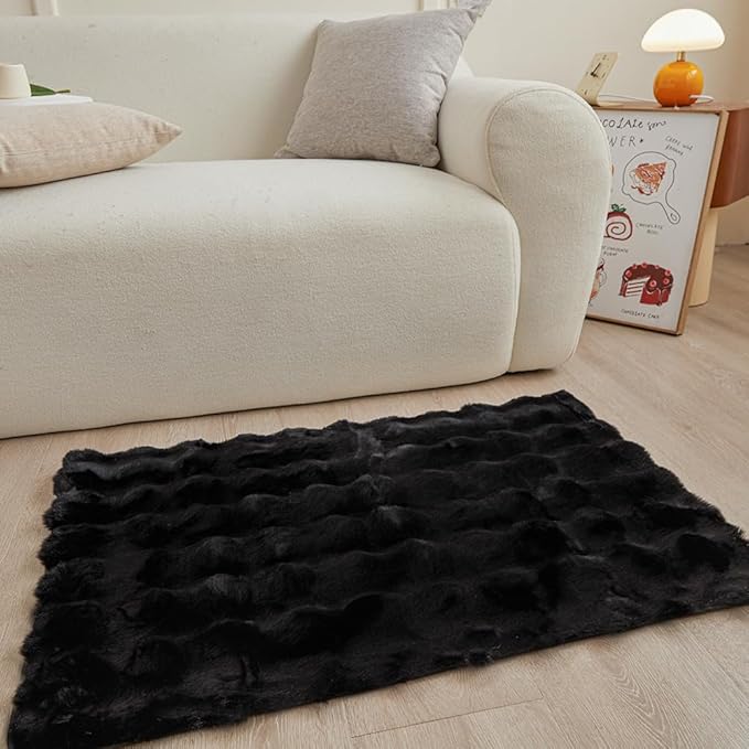 Black Rabbit Plush Rug 2'x3', Fluffy Faux Fur Shaggy Area Rug by CHOVY