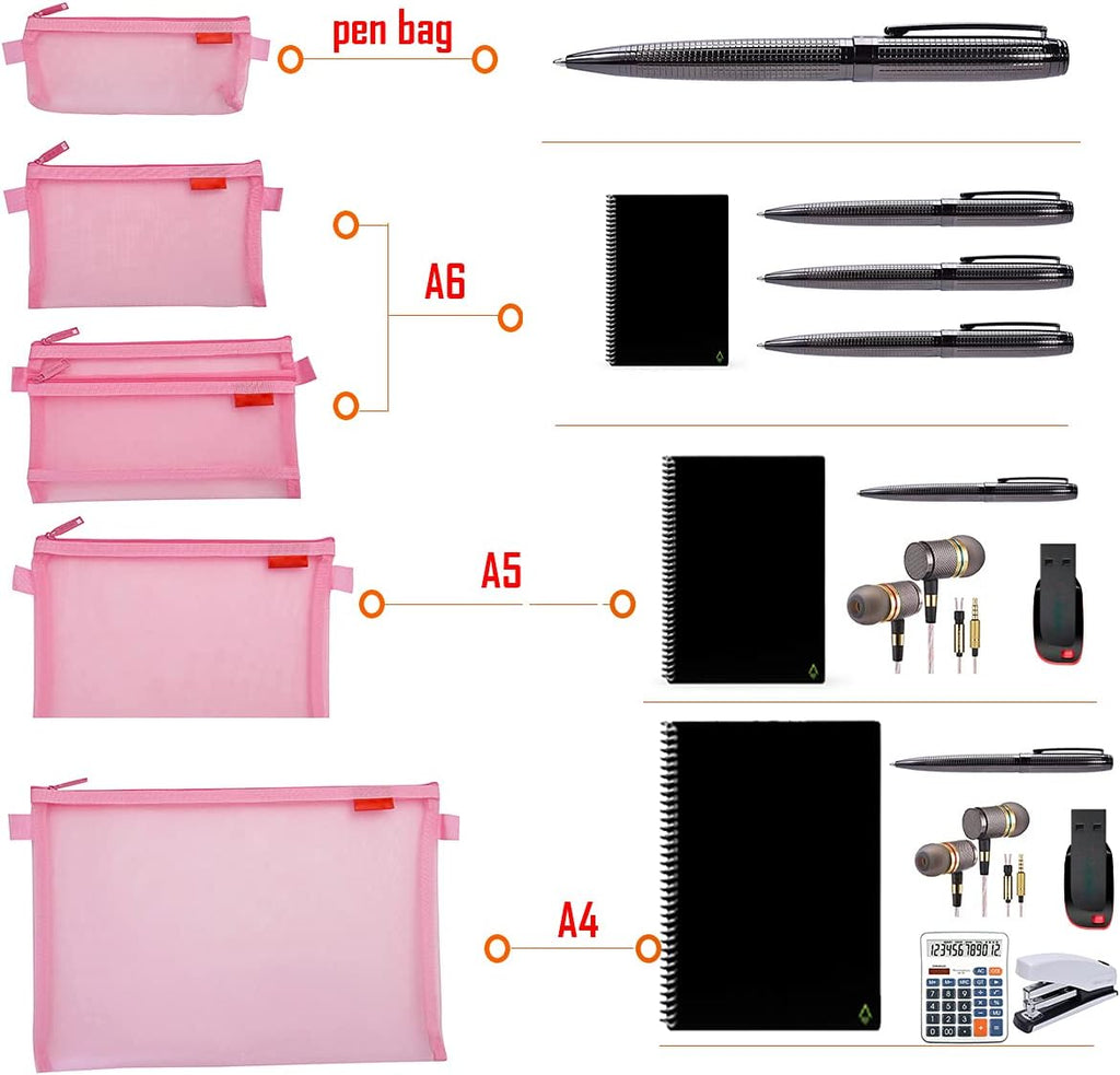 Zipper Mesh Bags, 5 Pack Pencil Pouch Set, Lightweight Nylon, Pink