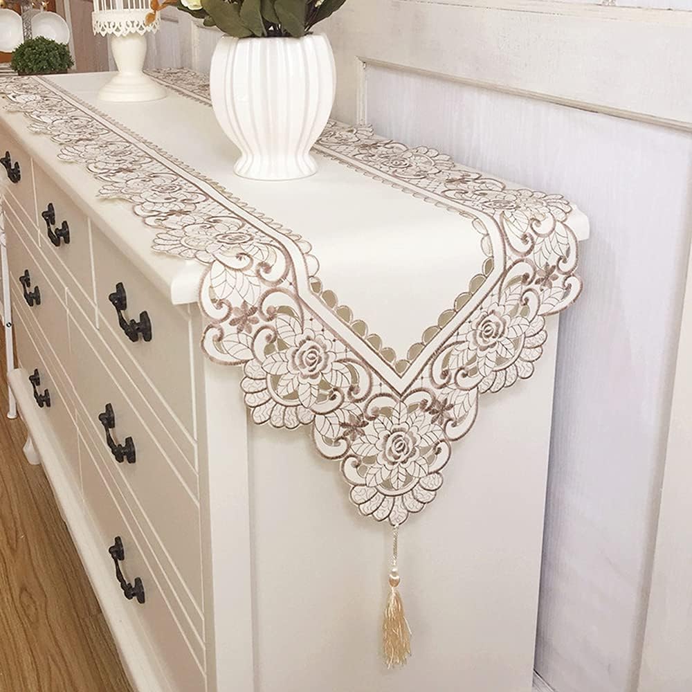 Arzoe Embroidered Lace Table Runner Elegant Vintage Mantel Scarf Dresser Scarves Cabinet Dining Room Table Decoration (Taupe, 16 × 77 Inch)