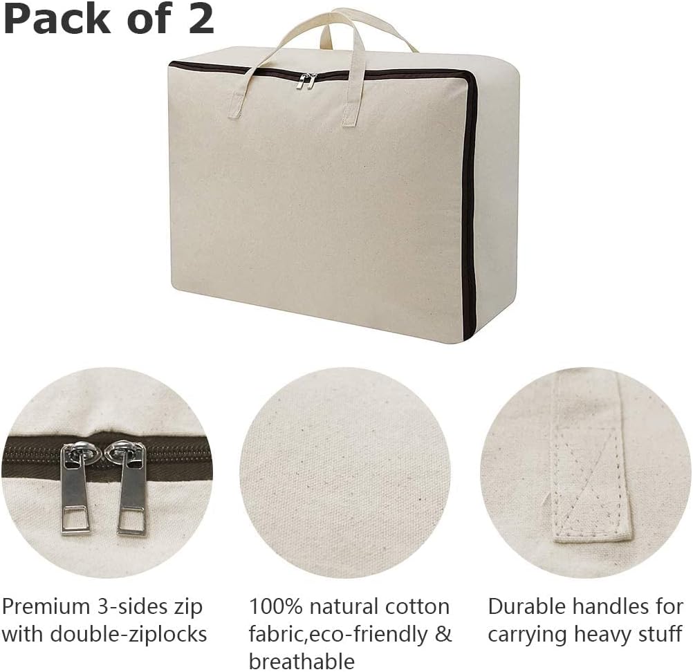 2 Pack Cotton Storage Bags for Duvets, Blankets, Soft Blanket Organizer Bag