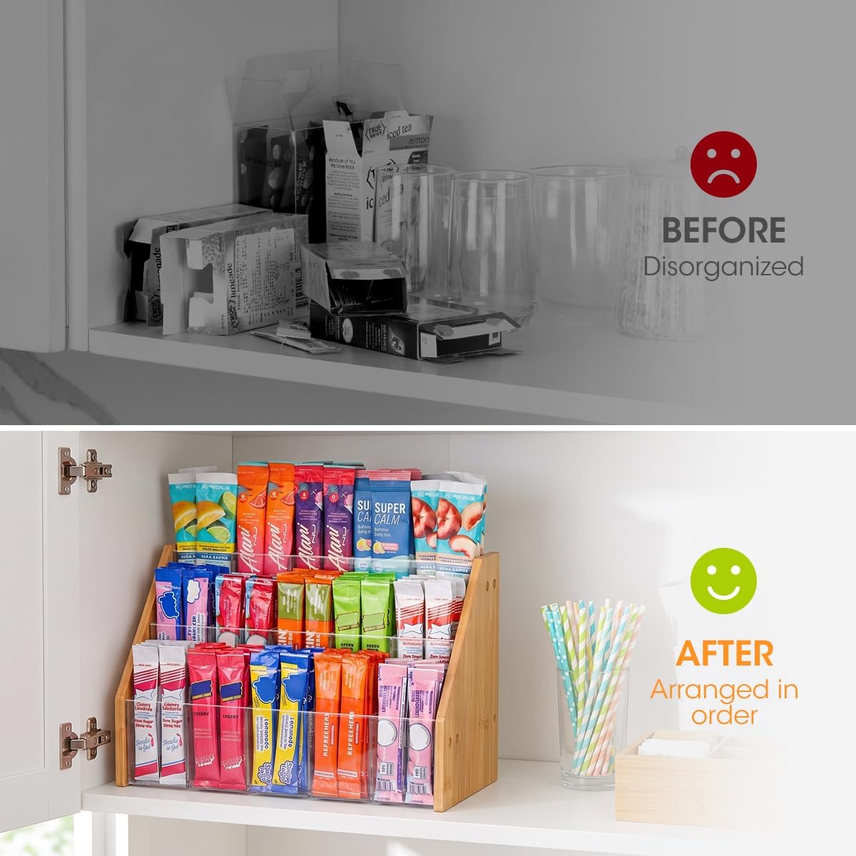AIEVE Bamboo Drink Packet Organizer, 3-Tier Drink Mix Organizer