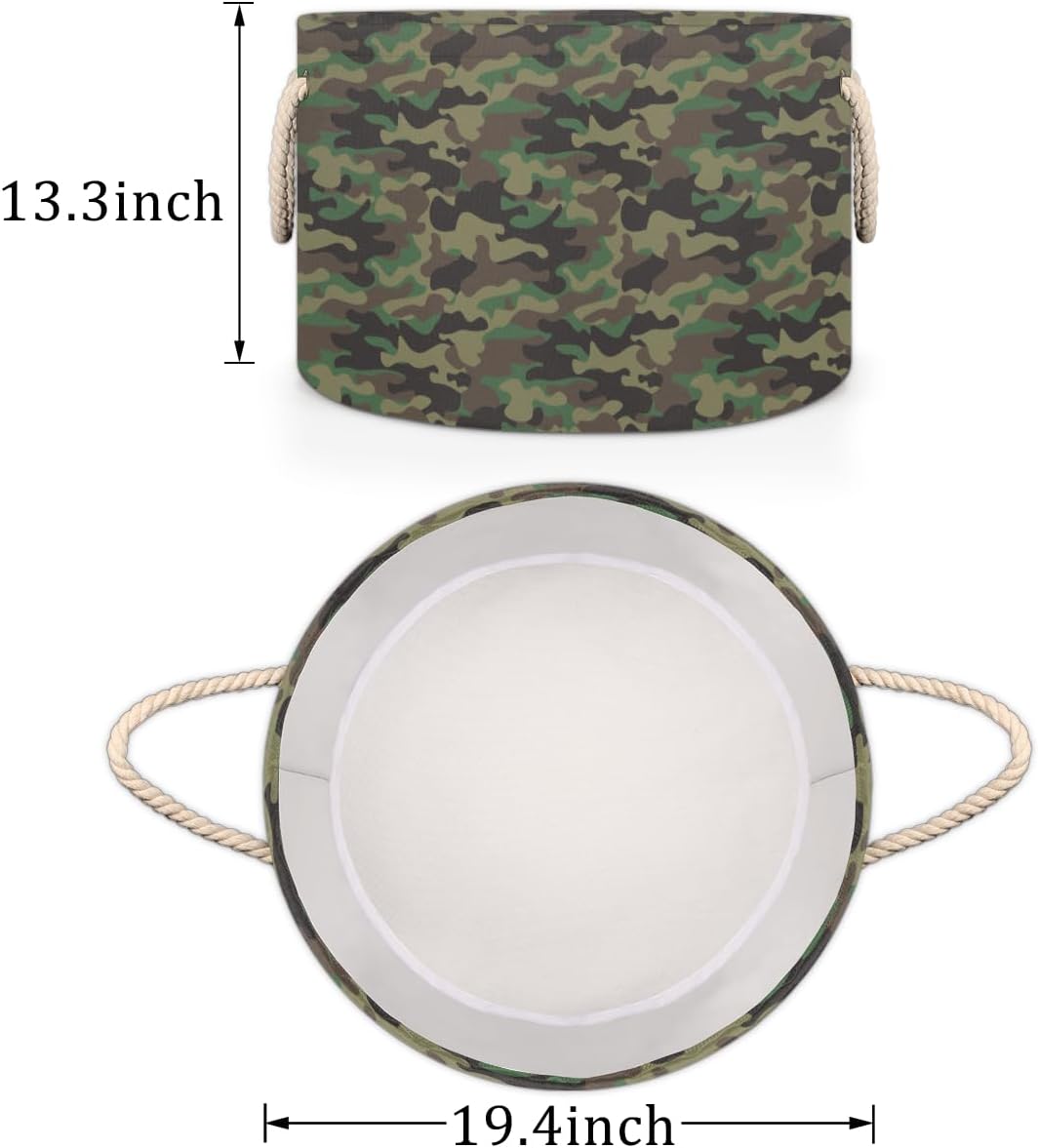 Army Camo Camouflage Large Storage Basket Round Laundry Basket with Handle Organization Collapsible Storage Bins Box Hamper for Kids Toy Clothes Nursery Bedroom Living Room Decor