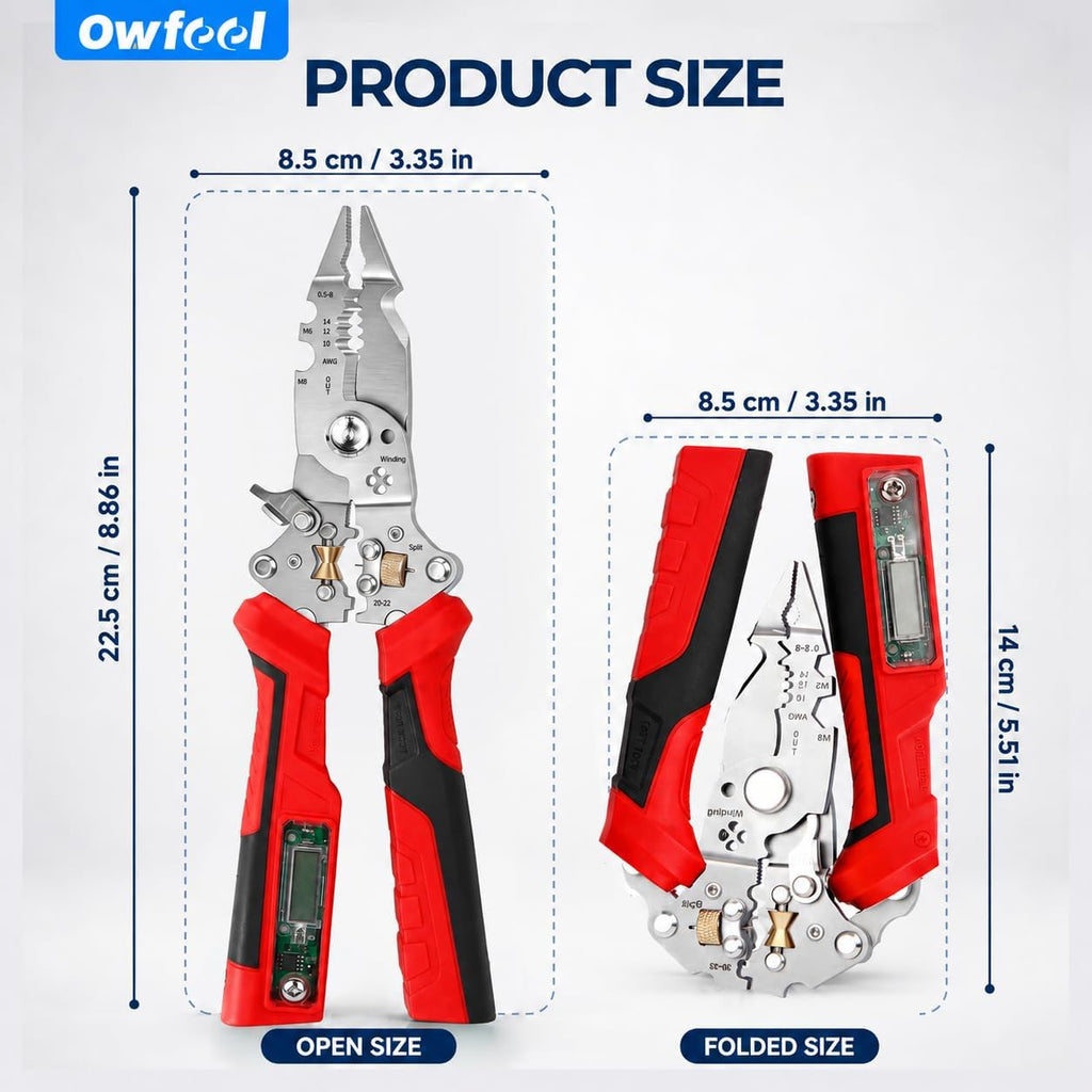 16-in-1 Wire Stripper and Crimping Tool, Foldable Wire Cutter with Rechargeable 12-250V AC/DC Voltage Tester for Hot/Neutral Checks, Home Wiring and DIY Repair (Red1)