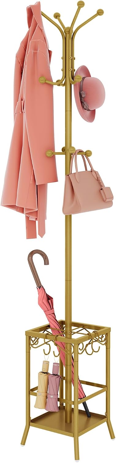 Hoctieon Coat Rack Freestanding, Coat Tree with Umbrella Holder, Metal Coat Rack Stand with 12 Hooks, Standing Coat Hanger Stand, Umbrella Stand for Entryway, Hat Rack Stand for Home Office