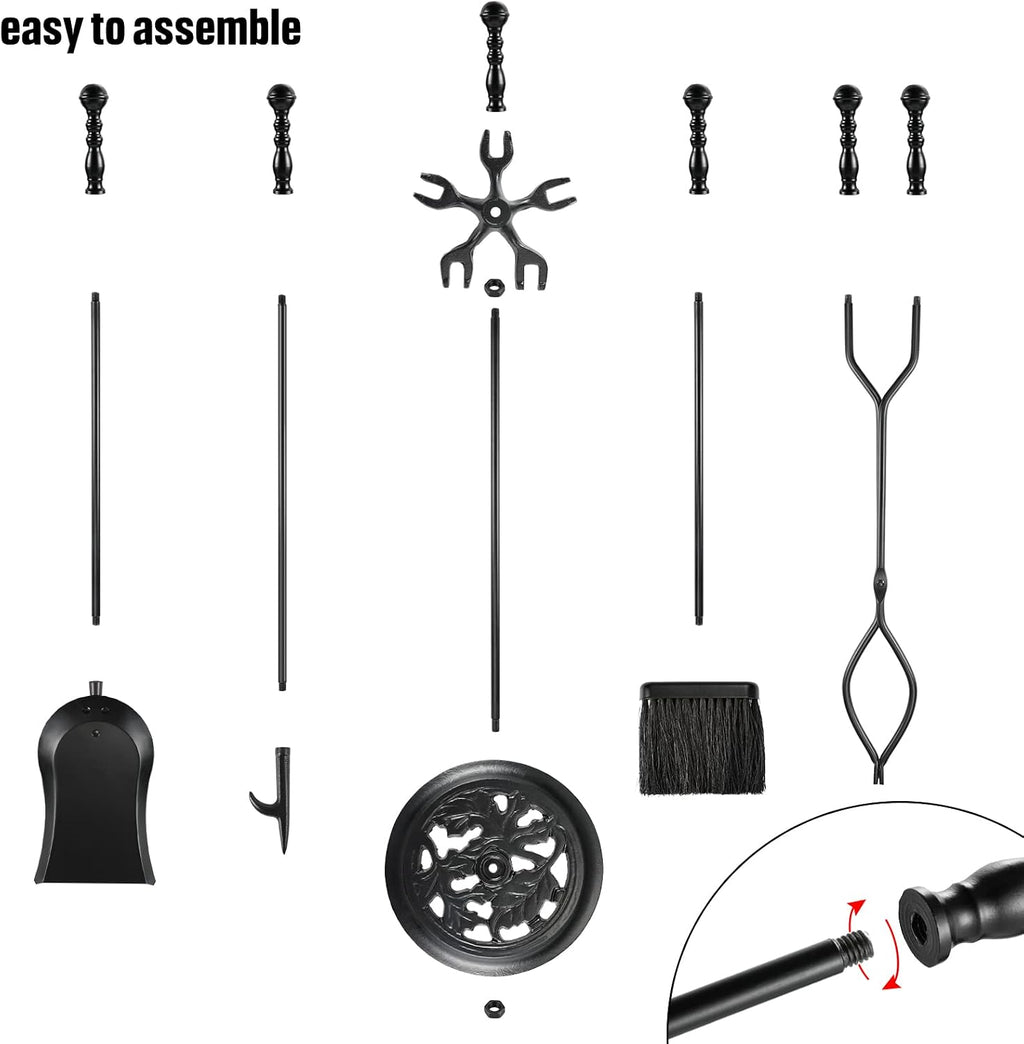 5 Pieces Fireplace Tools Sets Wrought Iron Firewood Kit with Handle Durable Tool Set and Holder for Fire Pit Stand Indoor Tong Shovel Poker Brush Firewood Accessories (Black)