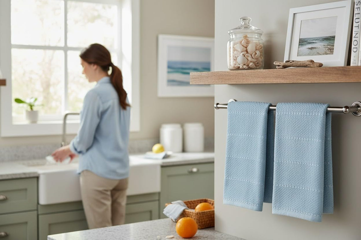 Light Baby Blue Kitchen Hand Dish Towels, Set of 3, 100% Cotton, 18" x 28"