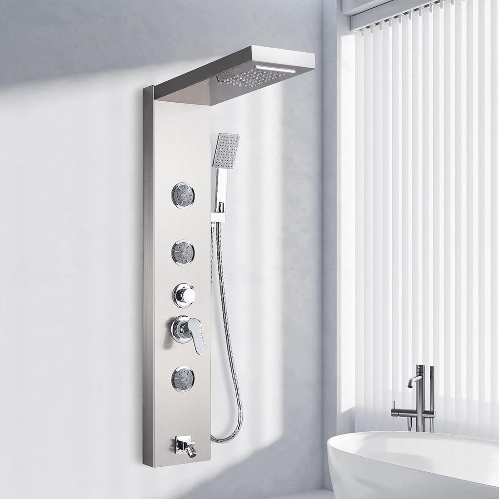 Shower Panel Massage Jets Rainfall Waterfall Shower Head, Shower Stainless Steel Wall Mount Massage Multi-Function Bathroom Shower Panel Tower System, Brushed Nickel……
