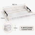 Whitewashed Wooden Serving Tray with Black Metal Handles and 4 Coasters, 16.1 x 11.8 Inch Rustic Farmhouse Ottoman Tray for Coffee Table, Living Room, Breakfast and Home Decor