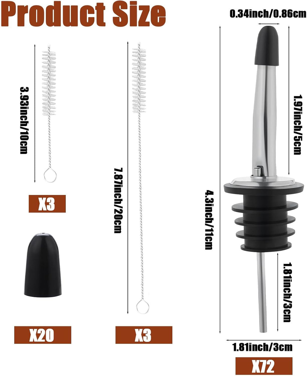 72 Pcs Stainless Steel Liquor Pour Spouts, Bottle Pourers for Alcohol