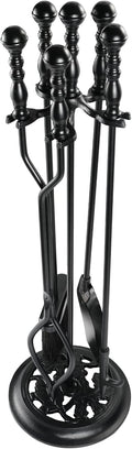 5 Pieces Fireplace Tools Sets Wrought Iron Firewood Kit with Handle Durable Tool Set and Holder for Fire Pit Stand Indoor Tong Shovel Poker Brush Firewood Accessories (Black)