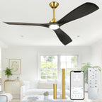 Modern Ceiling Fan with Light: Black and Gold Ceiling Fans with Remote and Smart APP Control 3 Blades - 52 Inch Ceiling Fan for Indoor Living Room Bedroom