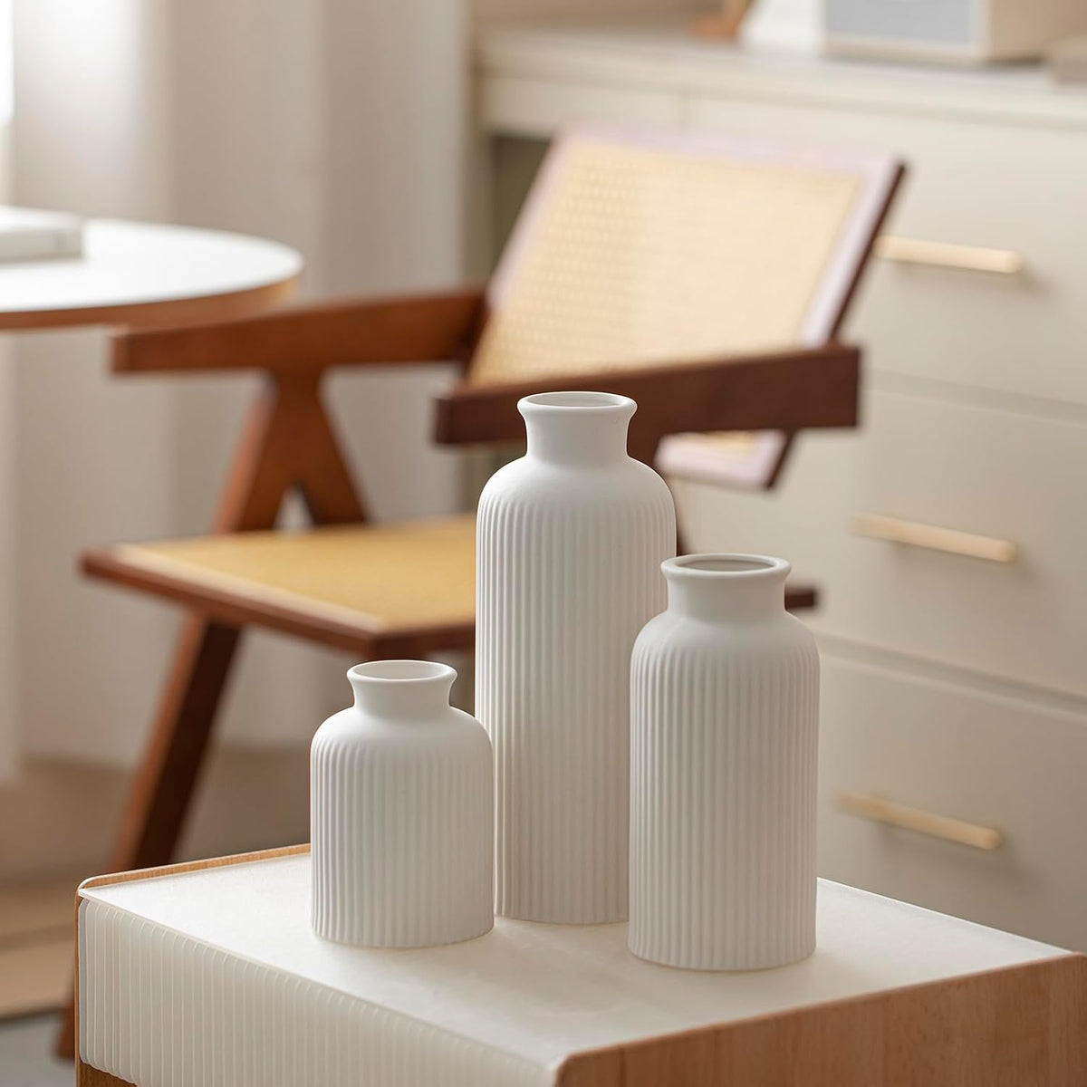 Large Modern Ceramic Vase Set, White Ribbed Matte Design, 3-Piece Decorative Vases for Home, Living Room, Office (XL White)