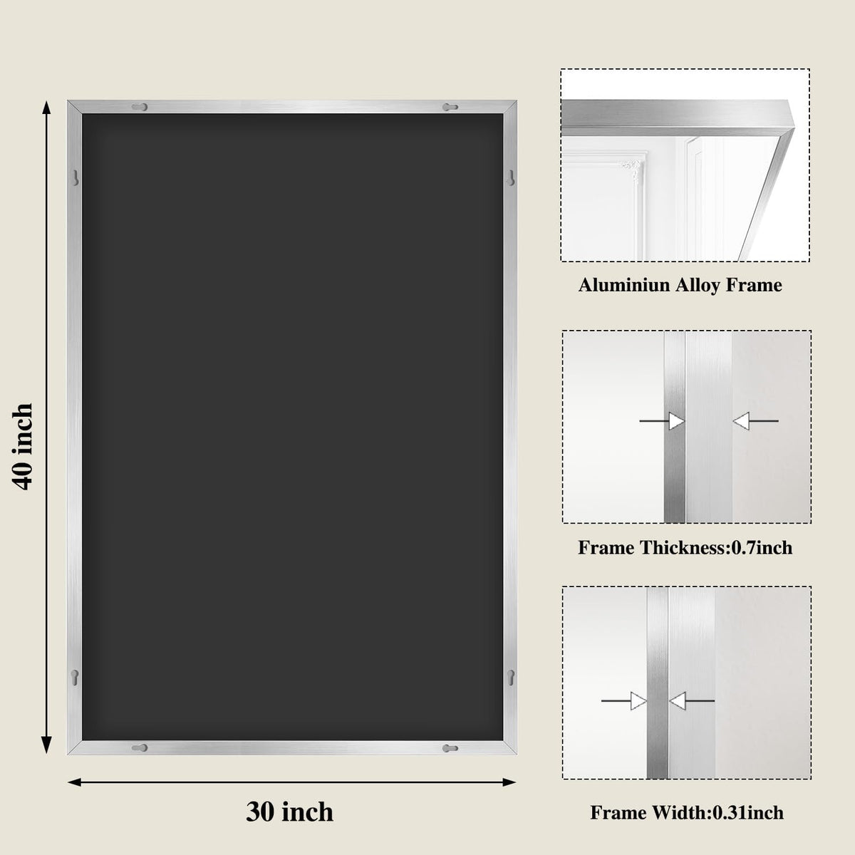 Koonmi Silver Rectangle Wall Mirror, 30x40 Inch Bathroom Mirror, Aluminum Frame Vanity Mirror for Entryway, Living Room, Bedroom Bathroom, Hangs Horizontally or Vertically