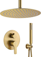 Brushed Gold Shower Faucet with Handheld Sprayer- 12 Inch Shower Head System Has Rain Shower Head and Handheld with Brass Valve- The Rainfall Shower Set for Bathroom Shower Fixtures