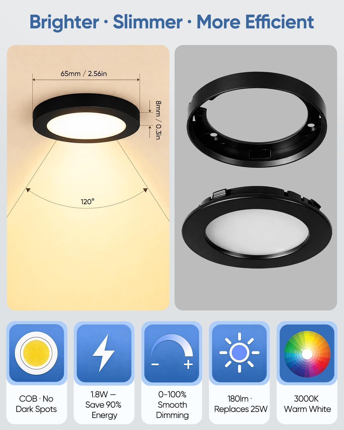 VST Under Cabinet Lighting Plug in with Wired Touch Dimmer Switch,Recessed or Surface Mount Design,Warm White 3000K 12V 2W(12W Total, 60W Equivalent),6 Pack Black Puck Lights Fixtures