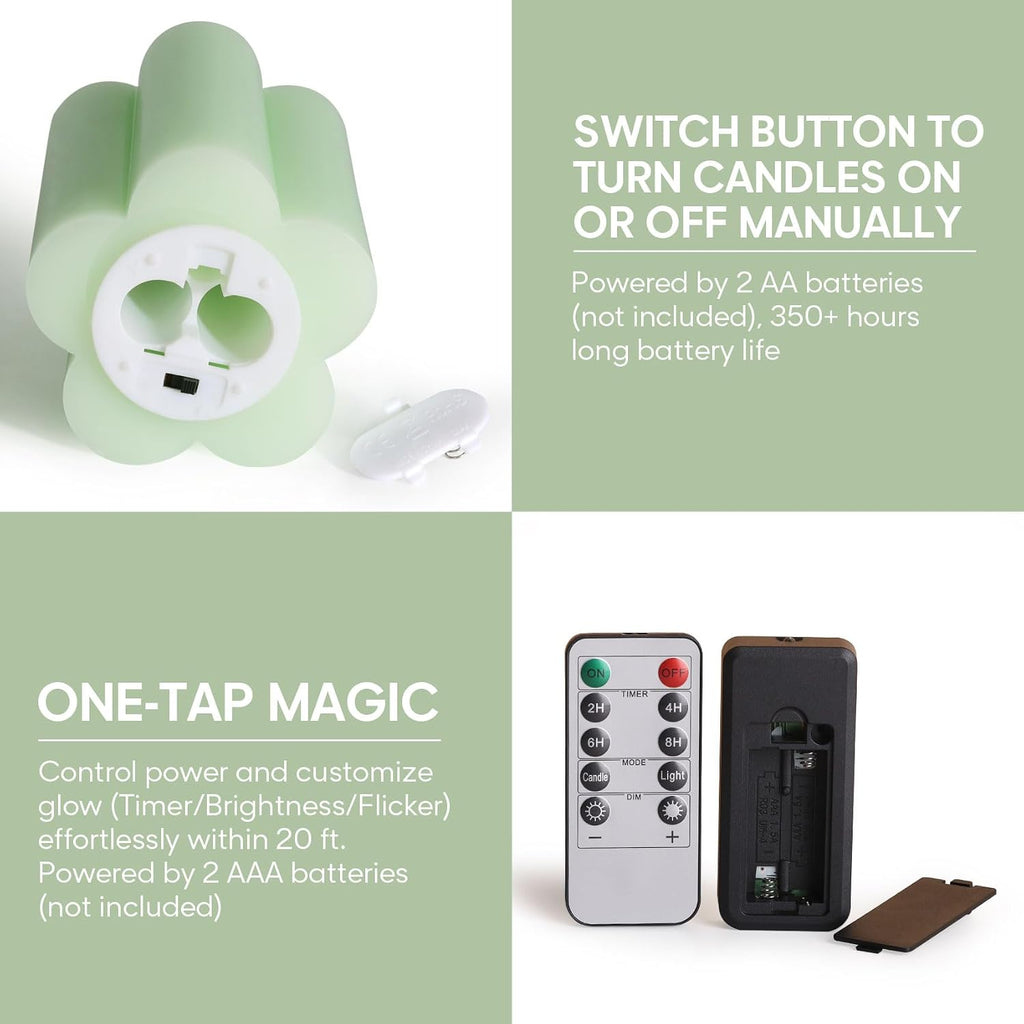 Green Flameless Pillar Candles with Remote, Flickering LED Wax Candles Battery Operated, Aesthetic Home Decor Set of 2