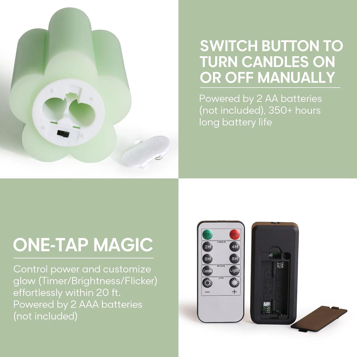 Green Flameless Pillar Candles with Remote, Flickering LED Wax Candles Battery Operated, Aesthetic Home Decor Set of 2