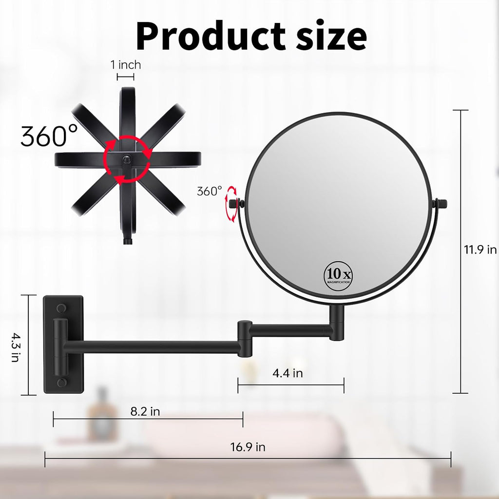 8" Wall Mounted Makeup Mirror with 1X 10X Magnification, Matte Black