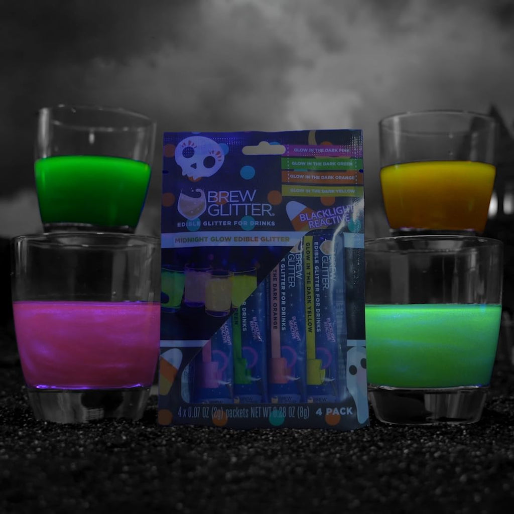 Blacklight Reactive Edible Glitter for Drinks, Variety Pack, Glowing Green, Yellow, Orange & Pink, 4 Pack