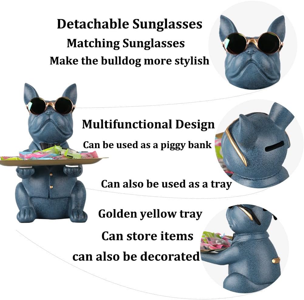 Modern Resin Blue Bulldog Statue Piggy Bank Key Holder Candy Jewelry Earrings Tray for Home Decor Modern Art Dining Table Decor Office