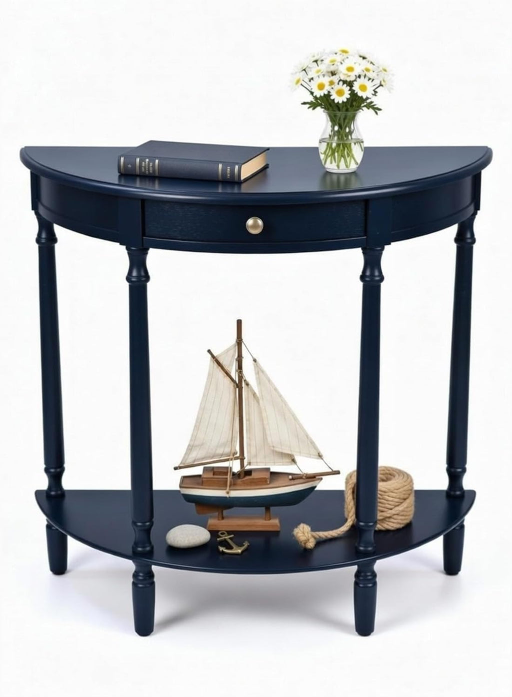Decor Therapy Truro Half Round Console Table, Traditional Entryway Table with Drawer and Lower Shelf, Classic Hall or Sofa Table for Foyer, Living Room, Navy