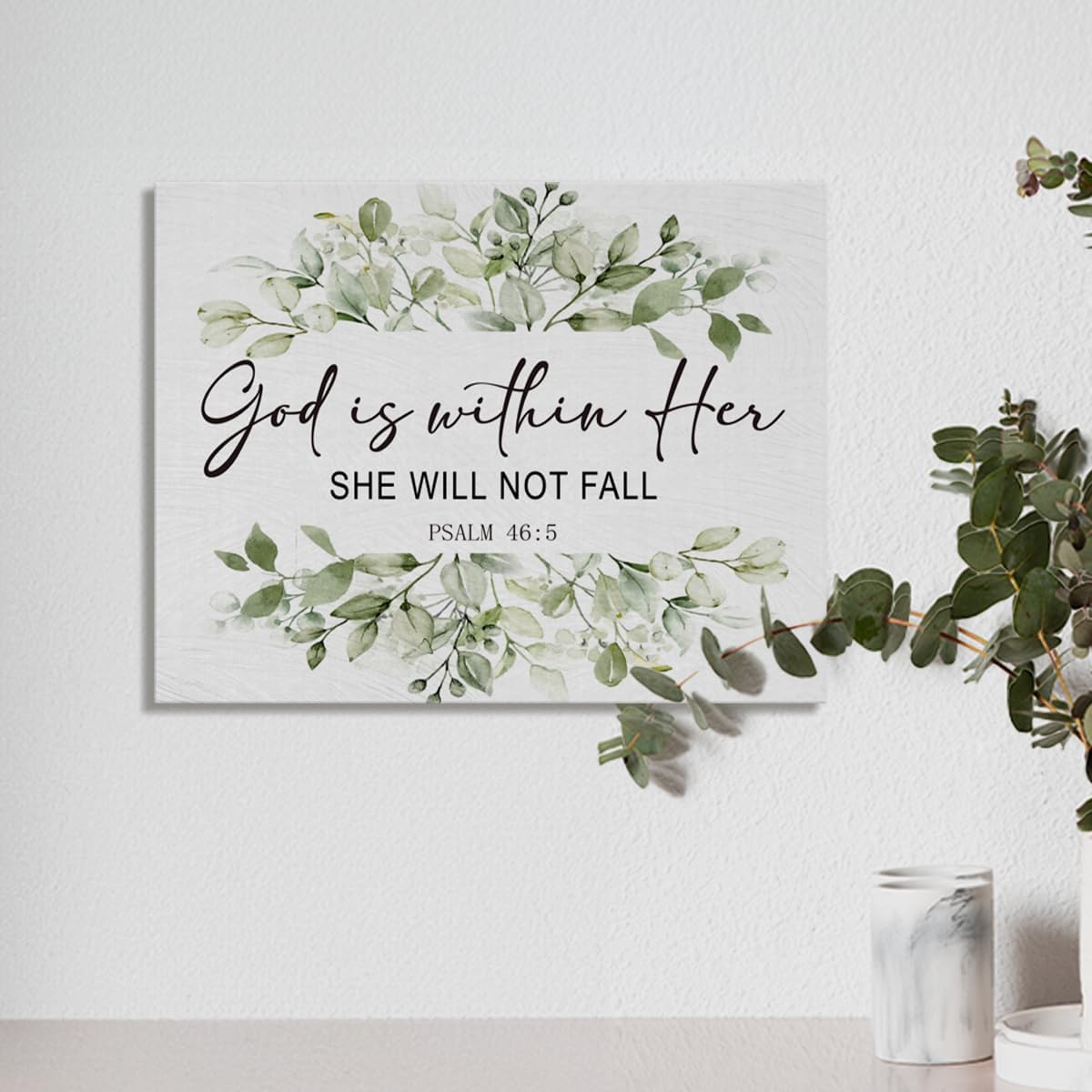 BIWSHA Sage Green Bathroom Decor, Green Wall Decor, Canvas Wall Art For Bedroom, Sage Green Bathroom Accessories, Inspirational Psalm 46:5 Wall Art For Office Bedroom, God is Within Her, 11x14 In