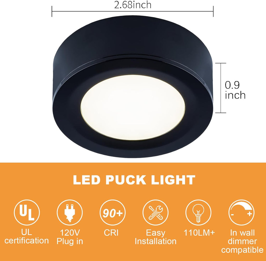 LUMILAND Wired LED Puck Lights 120V (2.7Wx5) Plug-in Lighting Warm White, LED Cabinet Light for Kitchen Can Be Surface Mount or Recess Mount, Black