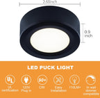 LUMILAND Wired LED Puck Lights 120V (2.7Wx5) Plug-in Lighting Warm White, LED Cabinet Light for Kitchen Can Be Surface Mount or Recess Mount, Black