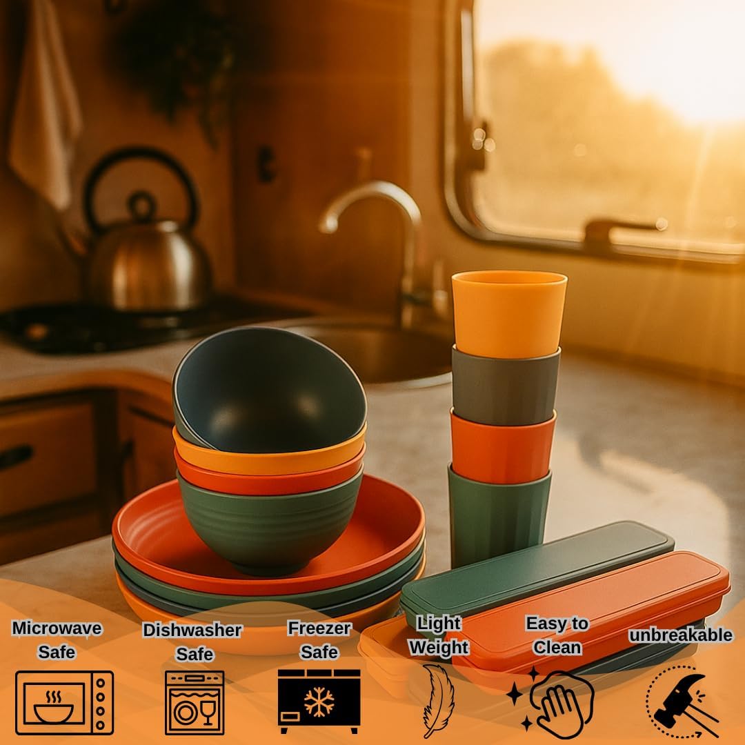 Unbreakable Wheat Straw Dinnerware Set for 4 (32 PCS) – Microwave & Dishwasher Safe – BPA-Free – Lightweight Plates, Bowls & Cups for Camping, Kids & Everyday Use