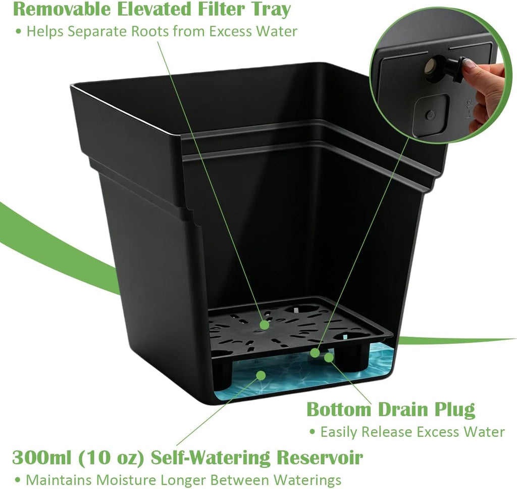 6-Pack 7 Inch Square Planters with Built-in Drainage Tray & Bottom Plug