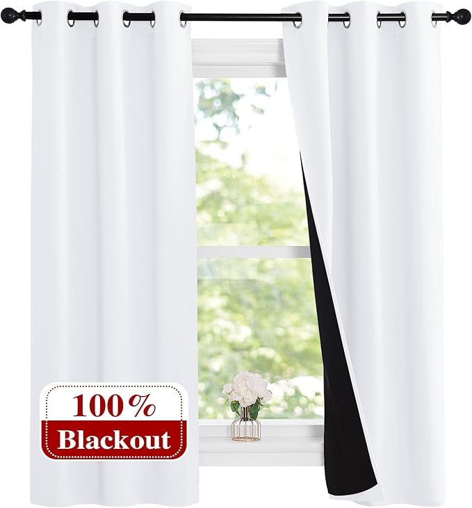 NICETOWN Pure White 100% Blackout Lined Curtains, 1 Pair, 2 Thick Layers Narrow by NICETOWN