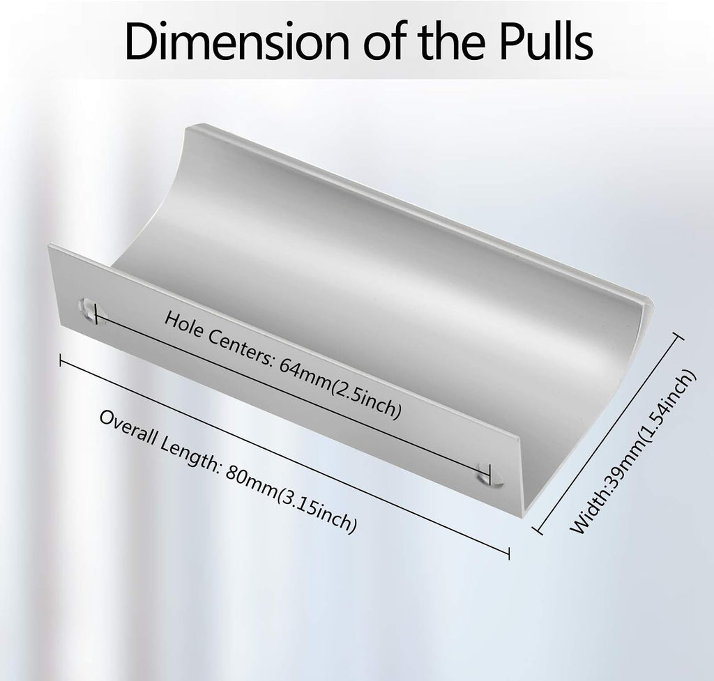 12 PCS 80mm Silver Aluminum Edge Pull, Concealed Cabinet Handle