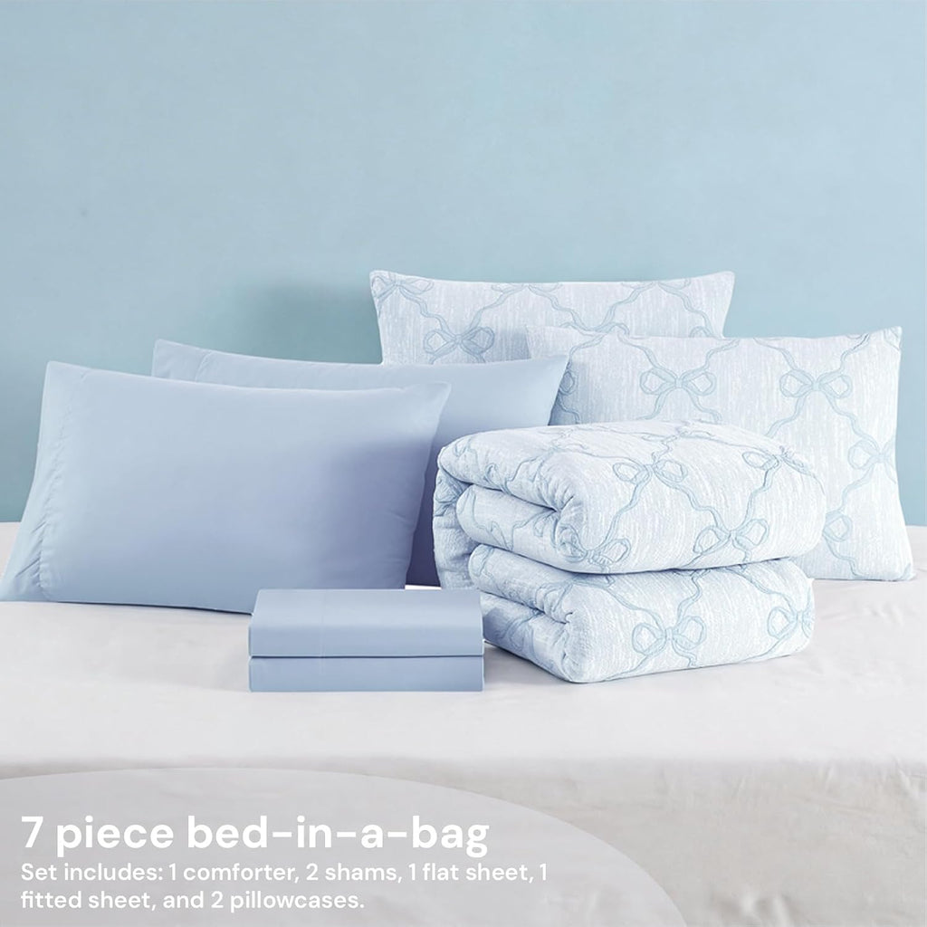 Full Size Comforter Sets for Girls - 7 Pieces Blue Bow Bed in a Bag
