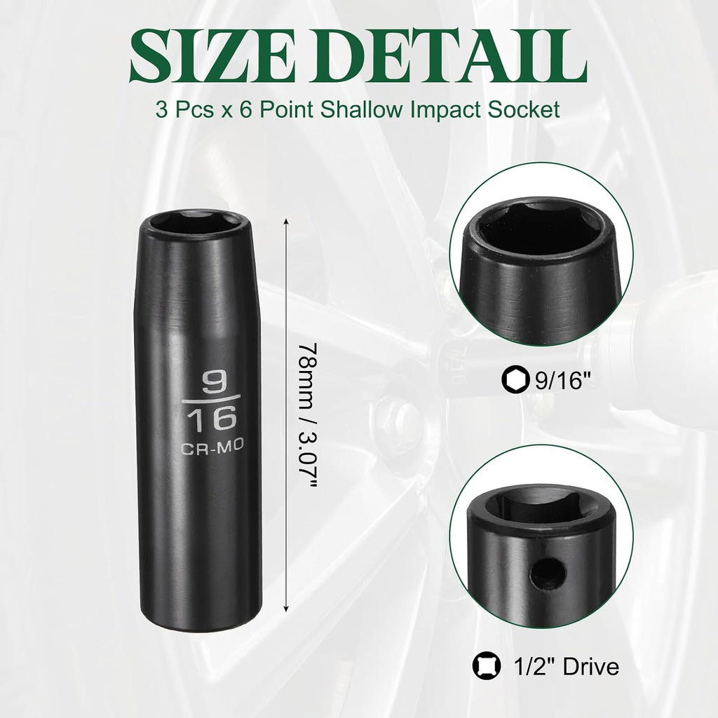 3Pcs 1/2" Drive 9/16 Inch 6 Point Deep Impact Socket 78mm Length