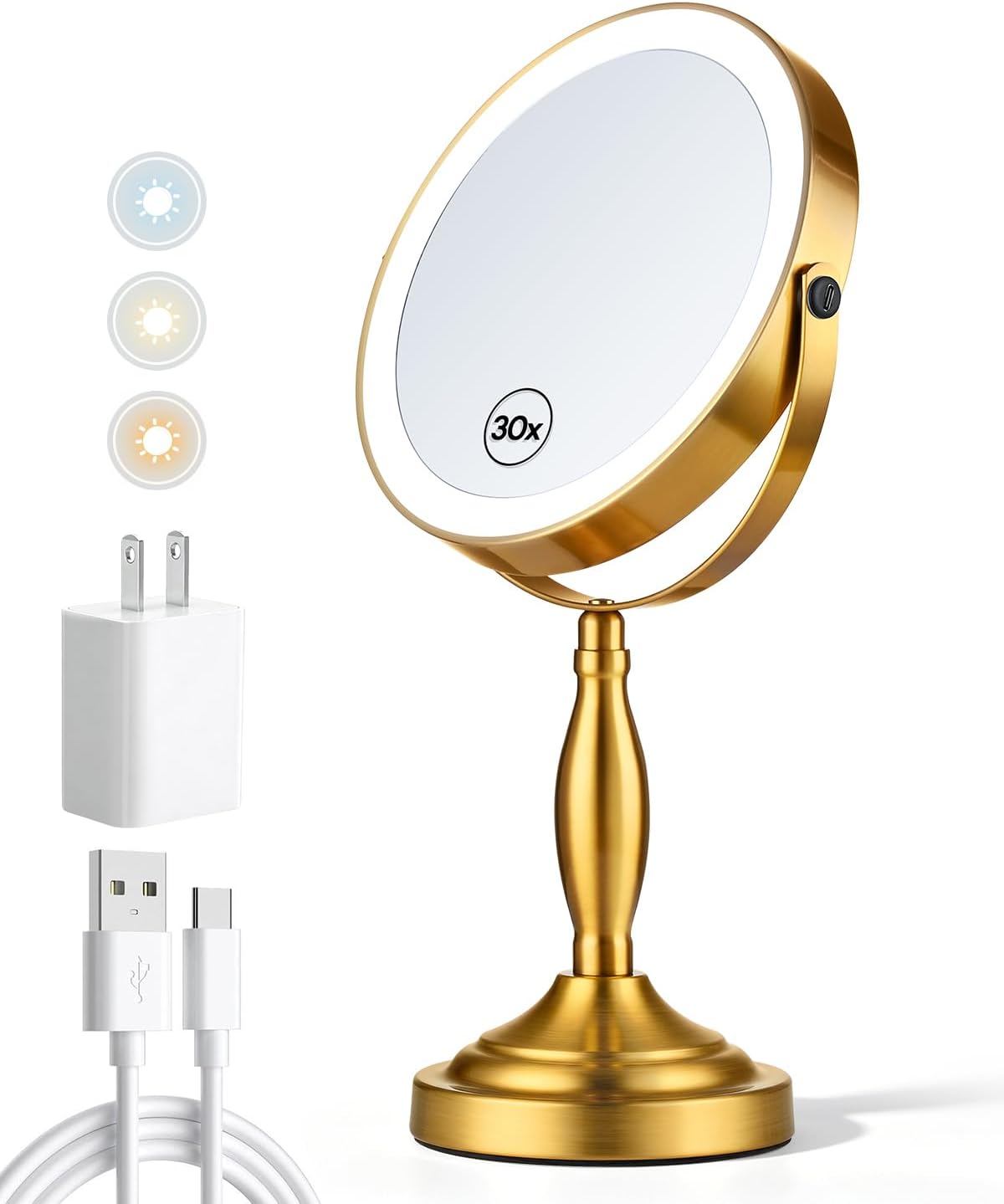 30X/1X Makeup Mirror with Lights, 8" Double Sided Vanity Mirror with Lights