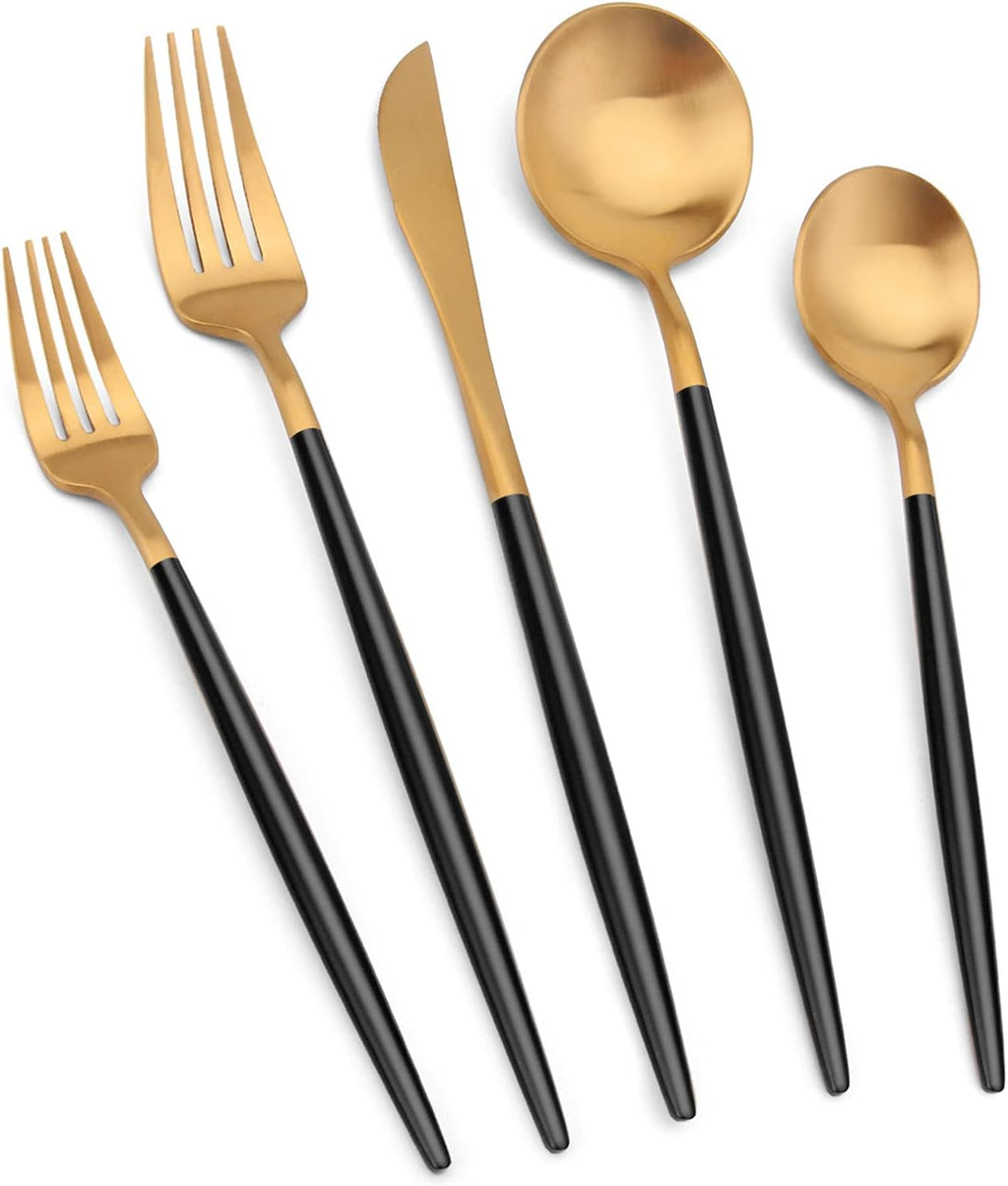 Matte Gold Silverware Set with black handle, Vanys 30 Piece Stainless Steel Cutlery Flatware Set, Kitchen Utensil Sets for 6, Tableware With Knife Spoons And Forks Set, Satin Finished Polished