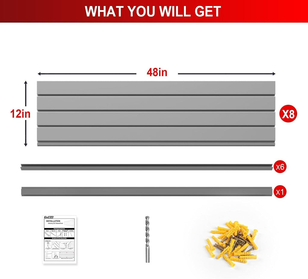 Slatwall Panels Garage Wall Organizer, 4 x 8 ft PVC Slat Wall Panels, Grey