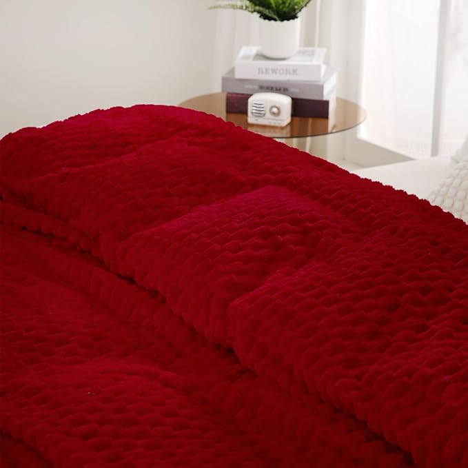 Puncuntex Red Throw Blanket 90"×90" inches Fuzzy 3D Jacquard Decorative Flannel - Image 2