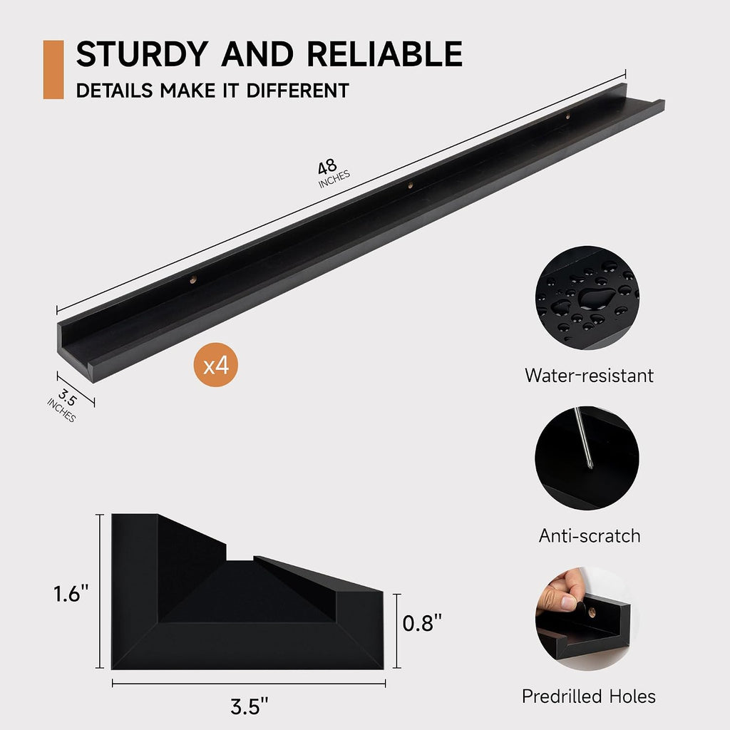 Fun Memories Picture Ledge Shelf for Wall, Floating Shelves Set of 4, 48 Inch Long Nursery Book Shelves for Toys Storage, Kids Bookshelf Wall Mounted for Books Photo Frames, Black