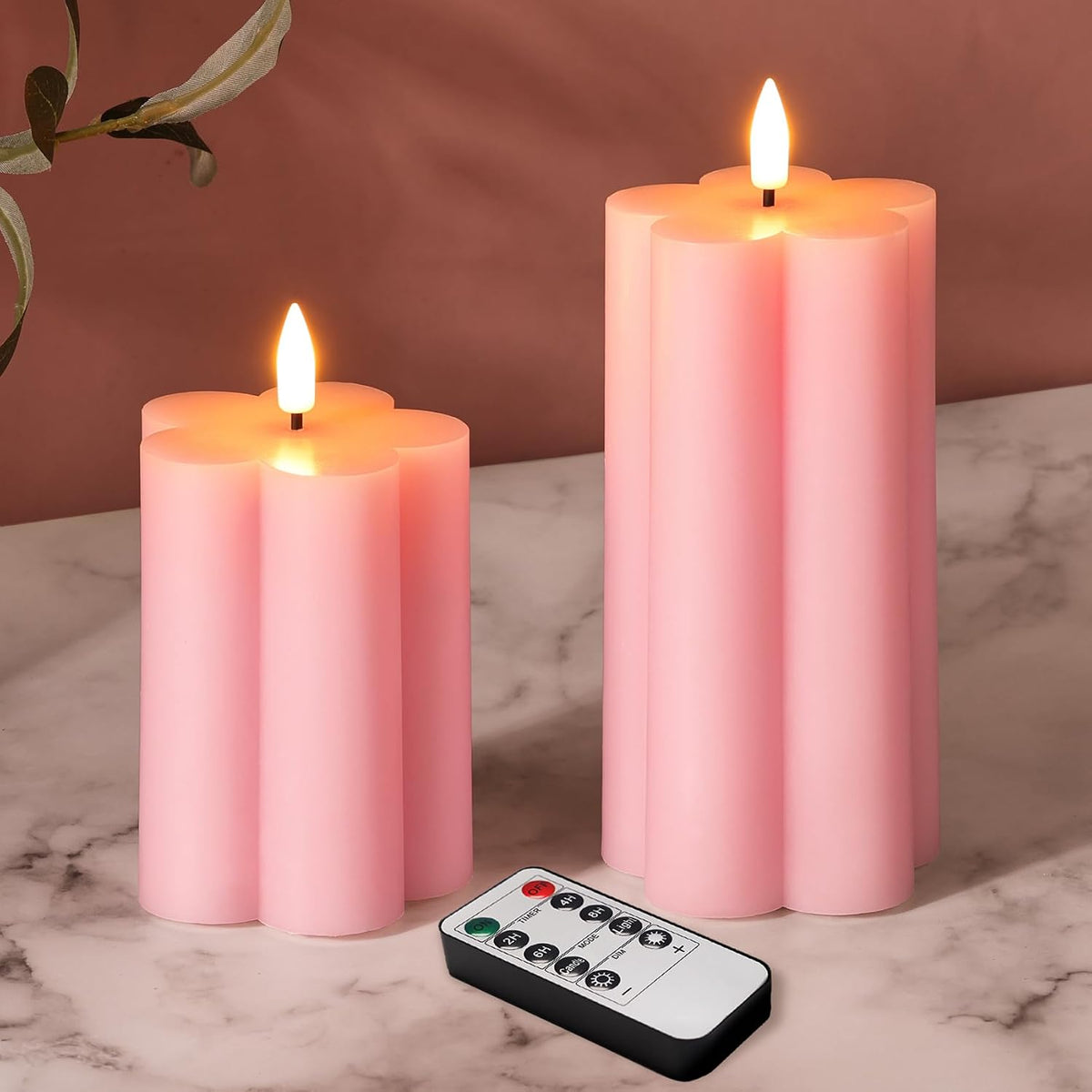 Green Flameless Pillar Candles with Remote, Flickering LED Wax Candles Battery Operated, Aesthetic Home Decor Set of 2