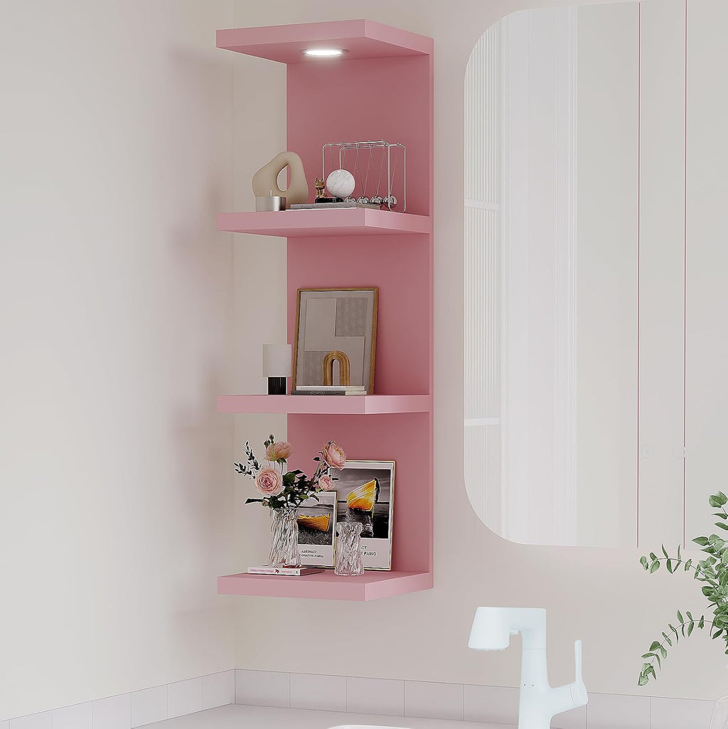 LitaEther Versatile 4 Tier Wall Shelf Unit,Pink Lack Wall Shelf,Display Floating Shelf with LED Remote Control Light
